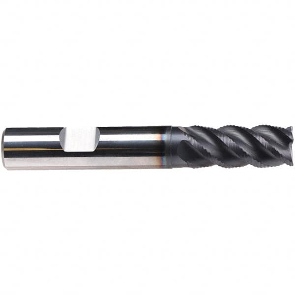 Emuge - 5/16" Diam, 3/4" LOC, 4 Flute Solid Carbide Roughing & Finishing End Mill - TiAlN Finish, 2-1/2" OAL, 3/8" Shank Diam, Weldon Shank, 45° Helix, Centercutting, Long Length - Americas Industrial Supply