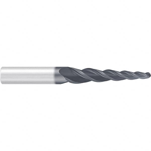 Emuge - 4° Taper Angle per Side, 2mm Small End Diam, 59mm LOC, Solid Carbide 3 Flute Tapered Ball End Mill - AlCr Finish, 120mm OAL, 12mm Shank Diam, Spiral Flute, 36° Helix - Americas Industrial Supply