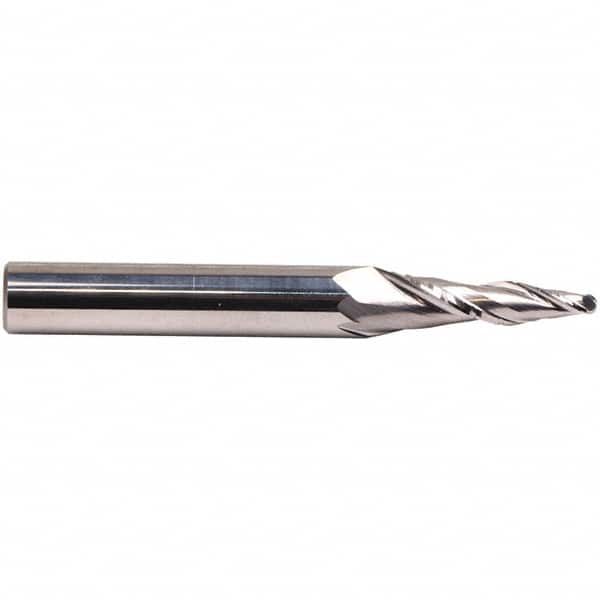 Emuge - 8° Taper Angle per Side, 3.85mm Small End Diam, 15mm LOC, Solid Carbide 2 Flute Tapered Ball End Mill - 62mm OAL, 6mm Shank Diam, Spiral Flute, 30° Helix - Americas Industrial Supply