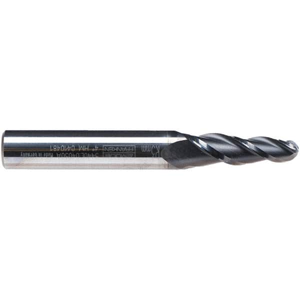 Emuge - 4° Taper Angle per Side, 3.26mm Small End Diam, 20mm LOC, Solid Carbide 3 Flute Tapered Ball End Mill - AlCr Finish, 62mm OAL, 6mm Shank Diam, Spiral Flute, 45° Helix - Americas Industrial Supply