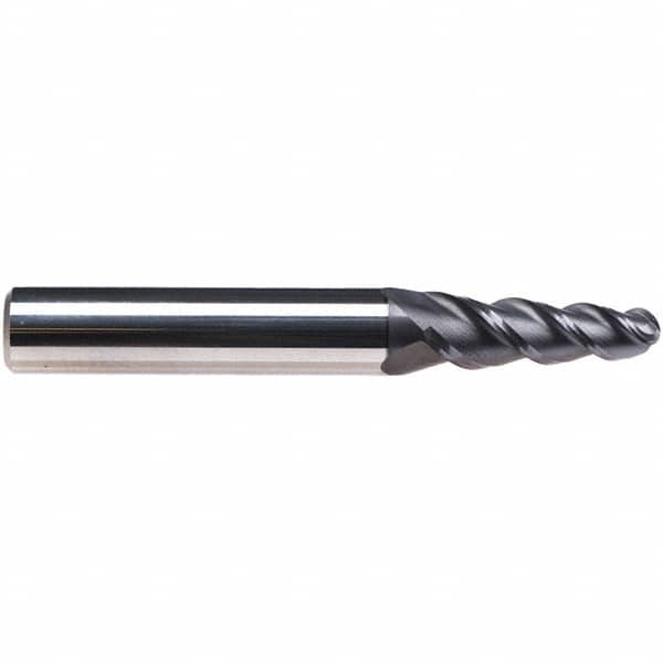 Emuge - 4° Taper Angle per Side, 7.34mm Small End Diam, 25mm LOC, Solid Carbide 3 Flute Tapered Ball End Mill - TiAlN Finish, 72mm OAL, 10mm Shank Diam, Spiral Flute, 45° Helix - Americas Industrial Supply