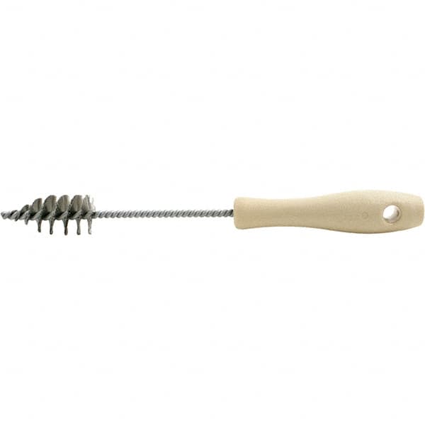 Brush Research Mfg. - 1" Diam Helical Stainless Steel Tube Brush - Single Spiral, 0.006" Filament Diam, 2-3/16" Brush Length, 10-1/2" OAL, 0.22" Diam Plastic Handle Shank - Americas Industrial Supply