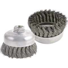 Brush Research Mfg. - 4" Diam, 5/8-11 Threaded Arbor, Carbon Steel Fill Cup Brush - 0.014 Wire Diam, 1-1/4" Trim Length, 9,000 Max RPM - Americas Industrial Supply