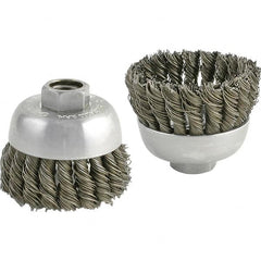 Brush Research Mfg. - 2-3/4" Diam, 5/8-11 Threaded Arbor, Carbon Steel Fill Cup Brush - 0.02 Wire Diam, 1" Trim Length, 6,600 Max RPM - Americas Industrial Supply