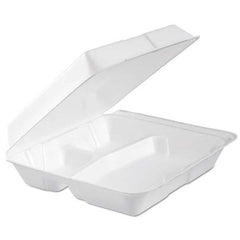 DART - Foam Hinged Lid Container, 3-Comp, 9.3 x 9 1/2 x 3, White, 100/Bag, 2 Bag/Carton - Americas Industrial Supply