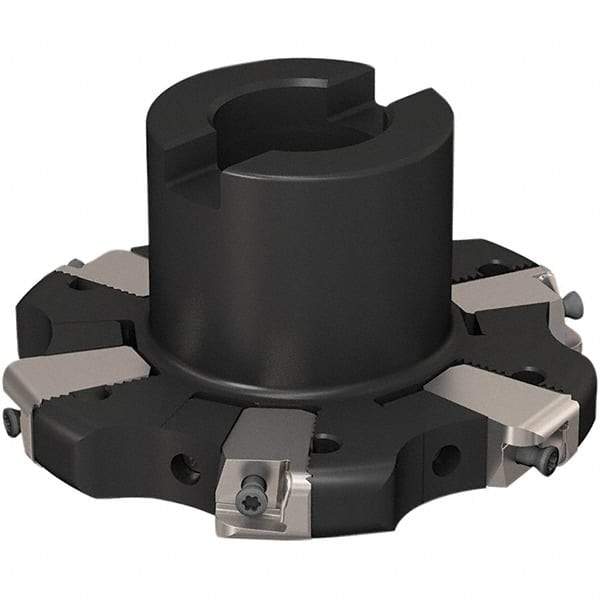 Seco - Shell Mount Connection, 17/32" Cutting Width, 24.82mm Depth of Cut, 100mm Cutter Diam, 27mm Hole Diam, 3 Tooth Indexable Slotting Cutter - R335.25 Toolholder, XNHQ 1407 Insert, Right Hand Cutting Direction - Americas Industrial Supply