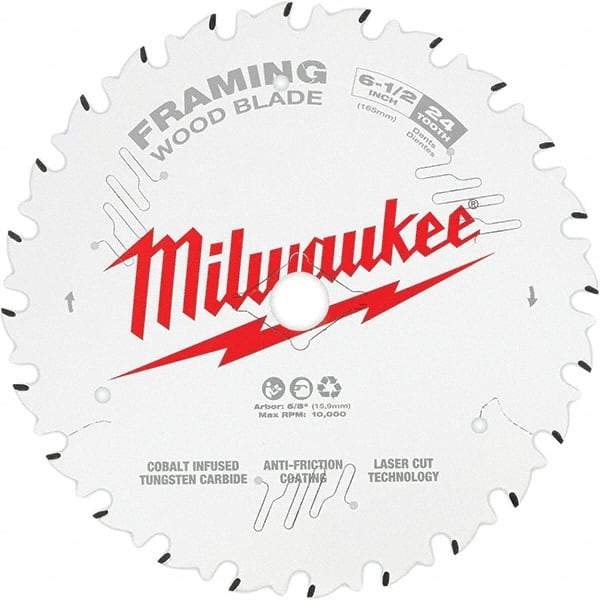 Milwaukee Tool - 6-1/2" Diam, 5/8" Arbor Hole Diam, 24 Tooth Wet & Dry Cut Saw Blade - Tungsten Carbide-Tipped, Framing Action, Standard Round Arbor - Americas Industrial Supply