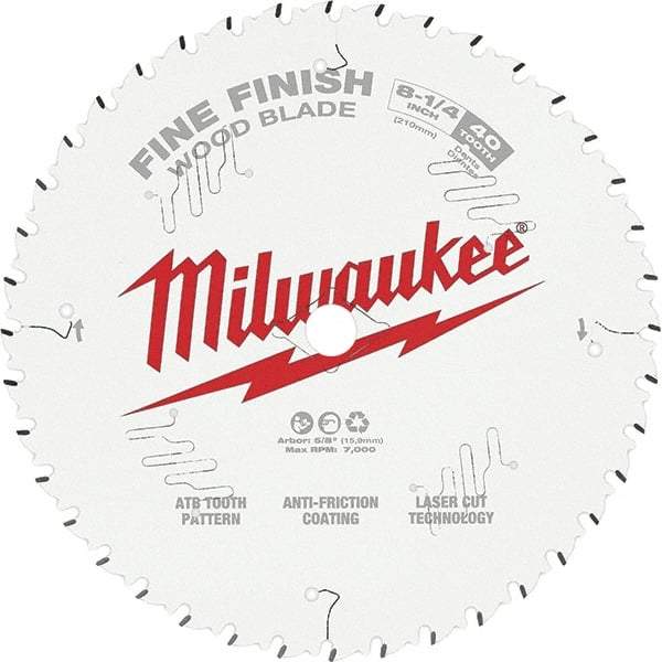 Milwaukee Tool - 8-1/4" Diam, 5/8" Arbor Hole Diam, 40 Tooth Wet & Dry Cut Saw Blade - Tungsten Carbide-Tipped, Fine Finish Action, Standard Round Arbor - Americas Industrial Supply