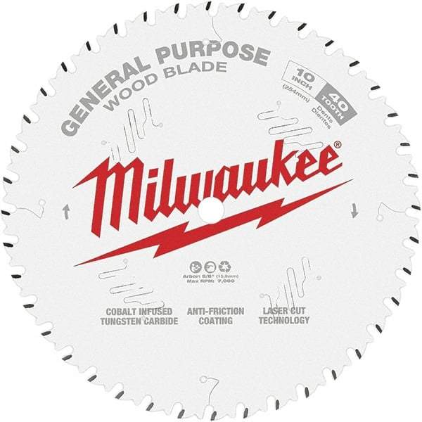 Milwaukee Tool - 10" Diam, 5/8" Arbor Hole Diam, 40 Tooth Wet & Dry Cut Saw Blade - Tungsten Carbide-Tipped, General Purpose Action, Standard Round Arbor - Americas Industrial Supply