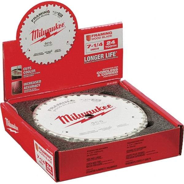 Milwaukee Tool - 7-1/4" Diam, 5/8" Arbor Hole Diam, 24 Tooth Wet & Dry Cut Saw Blade - Tungsten Carbide-Tipped, Framing Action, Standard Round Arbor - Americas Industrial Supply