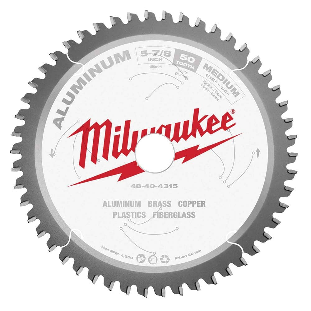 Milwaukee Tool - Wet & Dry-Cut Saw Blades; Blade Diameter (Inch): 5-7/8 ; Blade Material: Carbide-Tipped ; Arbor Style: Standard Round ; Arbor Hole Diameter (mm): 20.00 ; Application: Non-Ferrous Metal Cutting ; Number of Teeth: 50 - Exact Industrial Supply