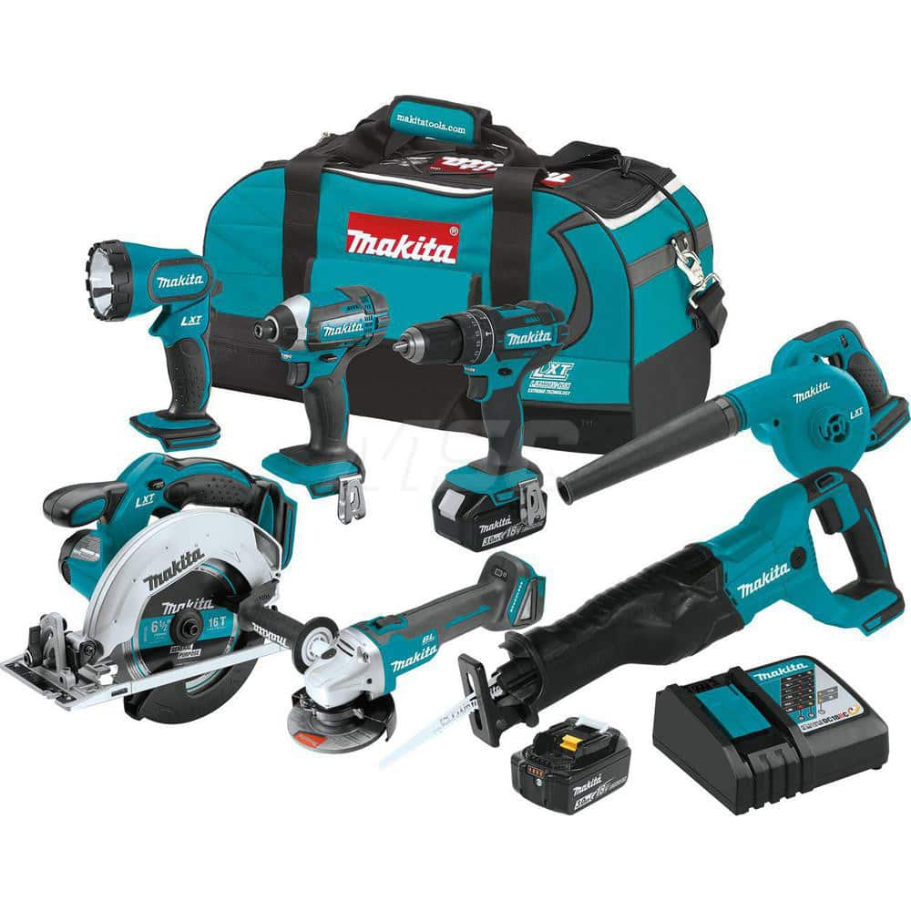 Cordless Tool Combination Kit: 18V, 7 Pc (1) 18V LXT 1/2″Hammer Driver-Drill (XPH10Z), (1) 18V LXT Impact Driver (XDT11Z), (1) 18V LXT 6-1/2″Circular Saw (XSS02Z), (1) 18V LXT Recipro Saw (XRJ04Z), (1) 18V LXT Brushless 4-1/2″/ 5″Cut-Off/Angle Grinder (XA