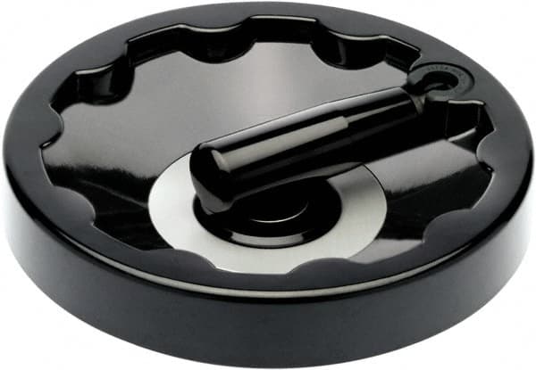 Elesa - 4.92" Diam, Duroplast Handwheel with Fold Away Handle - 1-1/4" Hub Diam - Americas Industrial Supply