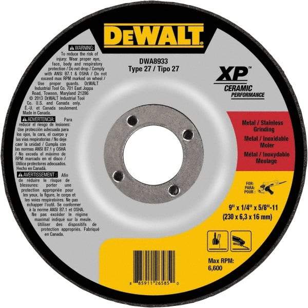 DeWALT - 24 Grit, 9" Wheel Diam, Type 27 Depressed Center Wheel - Coarse/Medium Grade, Ceramic, N Hardness, 6,600 Max RPM - Americas Industrial Supply