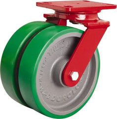 Hamilton - 8" Diam x 2" Wide x 9-3/4" OAH Top Plate Mount Swivel Caster - Polyurethane Mold onto Cast Iron Center, 3,000 Lb Capacity, Tapered Roller Bearing, 4-1/2 x 6-1/2" Plate - Americas Industrial Supply