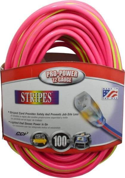 Southwire - 100', 12/3 Gauge/Conductors, Pink/Lime Green Outdoor Extension Cord - 1 Receptacle, 15 Amps, 125 VAC, UL SJTW, NEMA 5-15P, 5-15R - Americas Industrial Supply