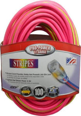 Southwire - 100', 12/3 Gauge/Conductors, Pink/Lime Green Outdoor Extension Cord - 1 Receptacle, 15 Amps, 125 VAC, UL SJTW, NEMA 5-15P, 5-15R - Americas Industrial Supply