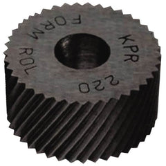 Made in USA - 3/4" Diam, 70° Tooth Angle, 50 TPI, Standard (Shape), Form Type Cobalt Right-Hand Diagonal Knurl Wheel - 1/4" Face Width, 1/4" Hole, Circular Pitch, 30° Helix, Bright Finish, Series KN - Exact Industrial Supply