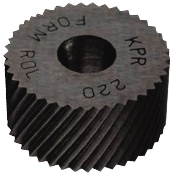 Made in USA - 5/16" Diam, 90° Tooth Angle, 30 TPI, Standard (Shape), Form Type High Speed Steel Right-Hand Diagonal Knurl Wheel - 5/32" Face Width, 1/8" Hole, Circular Pitch, 30° Helix, Bright Finish, Series BP - Exact Industrial Supply