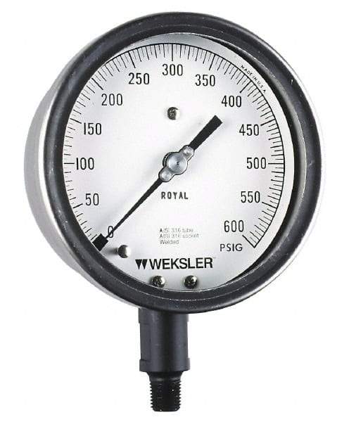 Weksler Instruments - 6" Dial, 1/4 Thread, 0-600 Scale Range, Pressure Gauge - Lower Connection, Rear Flange Connection Mount, Accurate to 0.5% of Scale - Americas Industrial Supply