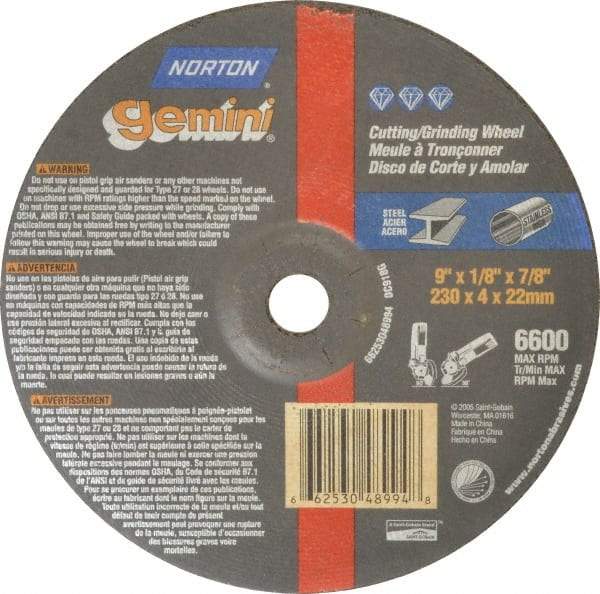 Norton - 24 Grit, 9" Wheel Diam, 1/8" Wheel Thickness, 7/8" Arbor Hole, Type 27 Depressed Center Wheel - Aluminum Oxide, 6,600 Max RPM, Compatible with Angle Grinder - Americas Industrial Supply