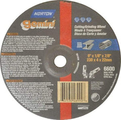Norton - 24 Grit, 9" Wheel Diam, 1/8" Wheel Thickness, 7/8" Arbor Hole, Type 27 Depressed Center Wheel - Aluminum Oxide, 6,600 Max RPM, Compatible with Angle Grinder - Americas Industrial Supply