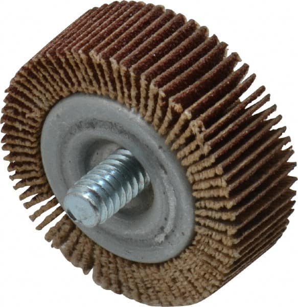 Merit Abrasives - 1-1/2" Diam x 1/2" Face Width, Medium Aluminum Oxide Coated Mounted Flap Wheel - 1/4-20 Threaded Mount, 80 Grit, 25,000 Max RPM - Americas Industrial Supply