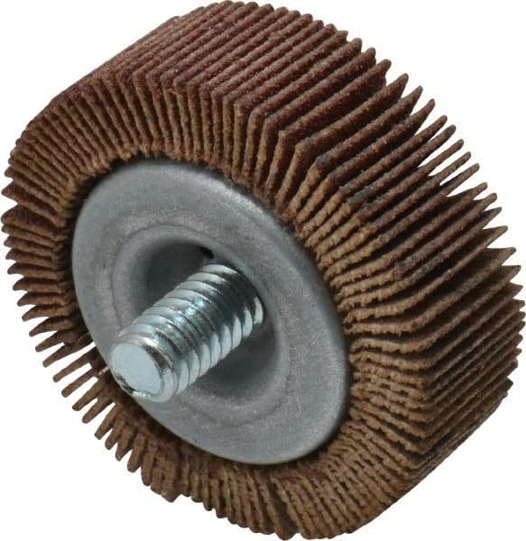 Merit Abrasives - 1-1/2" Diam x 1/2" Face Width, Fine Aluminum Oxide Coated Mounted Flap Wheel - 1/4-20 Threaded Mount, 120 Grit, 25,000 Max RPM - Americas Industrial Supply