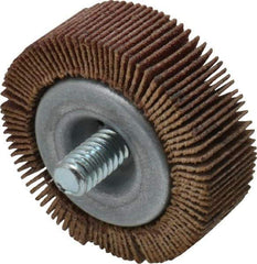 Merit Abrasives - 1-1/2" Diam x 1/2" Face Width, Fine Aluminum Oxide Coated Mounted Flap Wheel - 1/4-20 Threaded Mount, 120 Grit, 25,000 Max RPM - Americas Industrial Supply