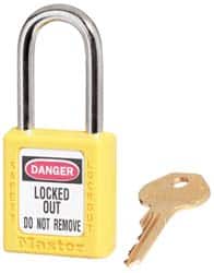 Master Lock - Keyed Alike Conductive Lockout Padlock - 1-1/2" Shackle Clearance, 1/4" Shackle Diam, 1-3/4" Body Height x 1-1/2" Body Width, Yellow, 6 Pins - Americas Industrial Supply