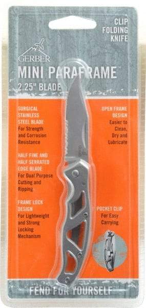 Gerber - 2-7/32" Blade, 6" OAL, Partially Serrated Folding Knife - 3.07" Closed Length, Stainless Steel, 1 Blade, 1 Edge, Pocket Clip - Americas Industrial Supply