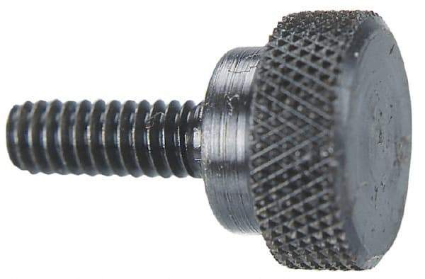 Morton Machine Works - #4-40 Knurled Shoulder Grade C-12L14 Steel Thumb Screw - 11/16" OAL, 3/8" Head Diam x 3/16" Head Height, Black Oxide Finish - Americas Industrial Supply