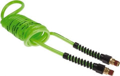 Coilhose Pneumatics - 1/4" ID, 1/4 Thread, 10' Long, Neon Green Polyurethane Coiled & Self Storing Hose - 125 Max psi, Male Swivel x Male Swivel with Strain Relief - Americas Industrial Supply