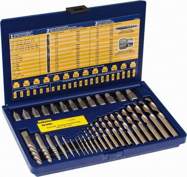 Irwin Hanson - 35 Piece Spiral Flute Screw Extractor & Drill Set - Screw Range 1/8 to 1/2" - Americas Industrial Supply