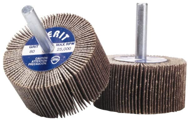 Merit Abrasives - 1-1/2" Diam x 1/2" Face Width, Coarse Aluminum Oxide Coated Mounted Flap Wheel - 1/4" Shank Mount, 40 Grit, 25,000 Max RPM - Americas Industrial Supply