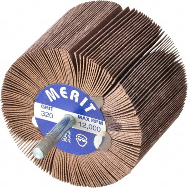 Merit Abrasives - 3" Diam x 2" Face Width, Extra Fine Ceramic Alumina Coated Mounted Flap Wheel - 1/4" Shank Mount, 320 Grit, 20,000 Max RPM - Americas Industrial Supply