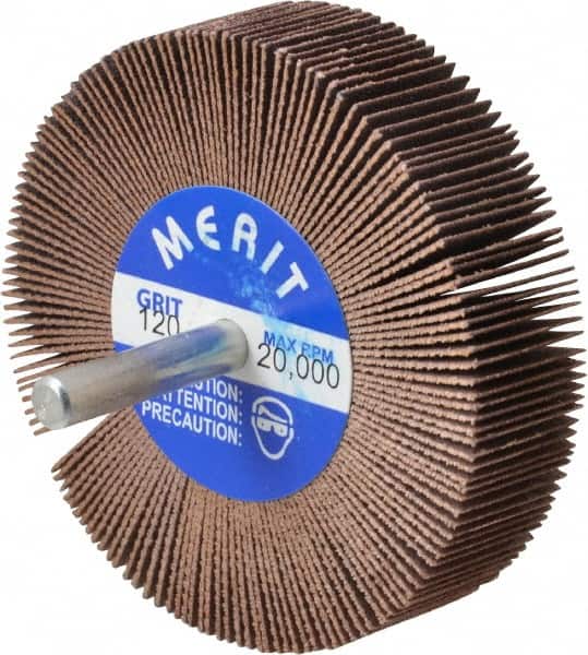 Merit Abrasives - 3" Diam x 3/4" Face Width, Fine Ceramic Alumina Coated Mounted Flap Wheel - 1/4" Shank Mount, 120 Grit, 20,000 Max RPM - Americas Industrial Supply