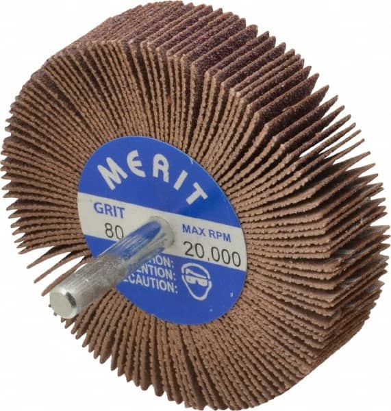 Merit Abrasives - 3" Diam x 3/4" Face Width, Medium Ceramic Alumina Coated Mounted Flap Wheel - 1/4" Shank Mount, 80 Grit, Cloth Backing, 20,000 Max RPM - Americas Industrial Supply
