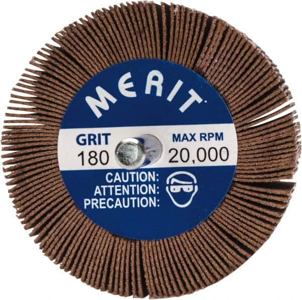 Merit Abrasives - 2-1/2" Diam x 1-1/2" Face Width, Very Fine Ceramic Alumina Coated Mounted Flap Wheel - 1/4" Shank Mount, 180 Grit, 20,000 Max RPM - Americas Industrial Supply
