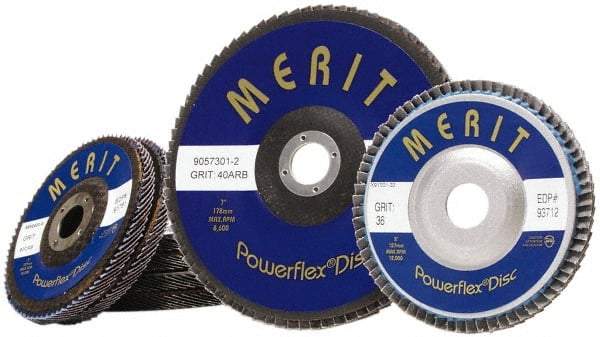 Merit Abrasives - 60 Grit, 5" Disc Diam, 7/8" Center Hole, Type 27 Zirconia Alumina Flap Disc - 12,000 Max RPM, Fiberglass Backing, Arbor Attaching System, Coated - Americas Industrial Supply