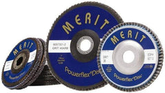 Merit Abrasives - 60 Grit, 5" Disc Diam, 7/8" Center Hole, Type 27 Zirconia Alumina Flap Disc - 12,000 Max RPM, Fiberglass Backing, Arbor Attaching System, Coated - Americas Industrial Supply