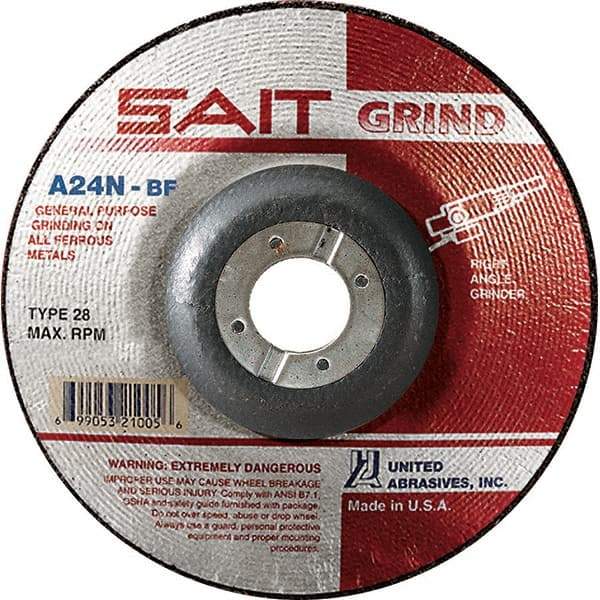 Sait - 24 Grit, 4-1/2" Wheel Diam, 1/4" Wheel Thickness, 7/8" Arbor Hole, Type 28 Depressed Center Wheel - Aluminum Oxide, Resinoid Bond, N Hardness, 13,300 Max RPM, Compatible with Angle Grinder - Americas Industrial Supply