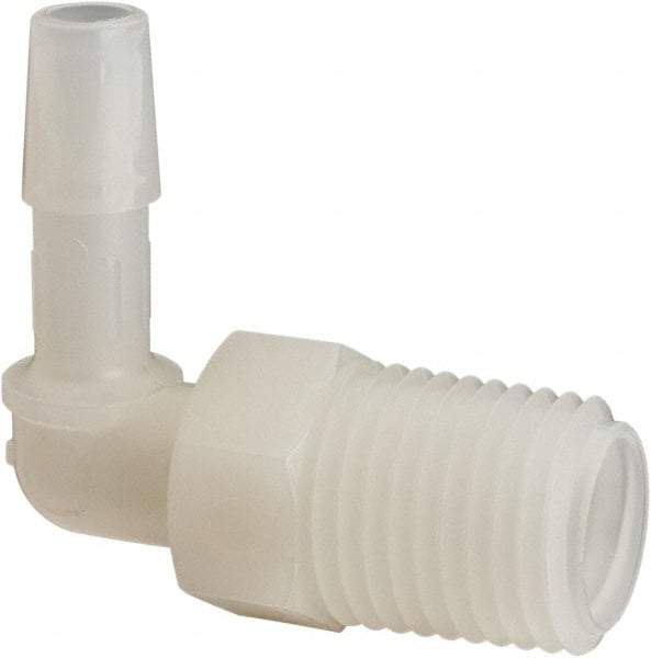 Made in USA - 1/4" Barb, 1/4, Nylon Single Barbed Tube Elbow - Natural, Male - Americas Industrial Supply