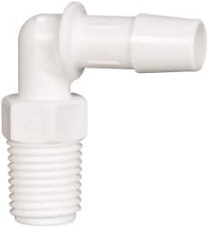 Made in USA - 3/8" Barb, 3/8, Polypropylene Single Barbed Tube Elbow - White, Male - Americas Industrial Supply