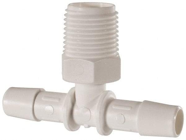Made in USA - 3/8" Barb, 3/8, Polypropylene Single Barbed Tube Branch Tee - White, Male - Americas Industrial Supply