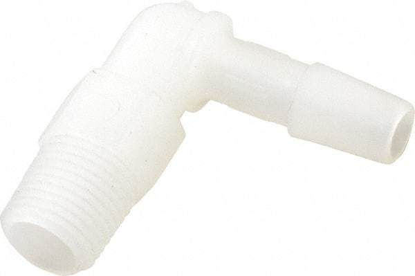Made in USA - 1/4" Barb, 1/4, Kynar Single Barbed Tube Elbow - Natural, Male - Americas Industrial Supply