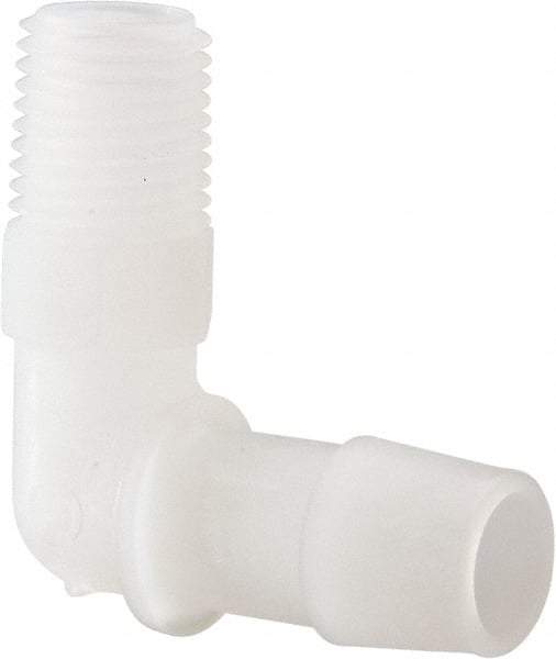 Made in USA - 1/2" Barb, 1/2, Kynar Single Barbed Tube Elbow - Natural, Male - Americas Industrial Supply