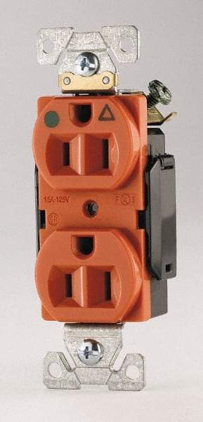 Cooper Wiring Devices - 125 VAC, 15 Amp, 5-15R NEMA Configuration, Orange, Hospital Grade, Isolated Ground Duplex Receptacle - 1 Phase, 2 Poles, 3 Wire, Flush Mount, Chemical, Heat and Impact Resistant - Americas Industrial Supply