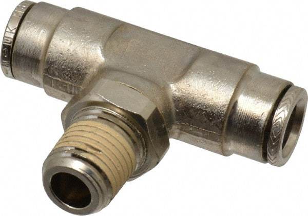 Norgren - 1/4 NPTF, Nickel Plated Brass Push-to-Connect Tube Male Swivel Branch Tee - 260 Max psi, Tube to Male NPT Connection - Americas Industrial Supply