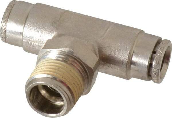 Norgren - 3/8 NPTF, Nickel Plated Brass Push-to-Connect Tube Male Swivel Branch Tee - 260 Max psi, Tube to Male NPT Connection - Americas Industrial Supply